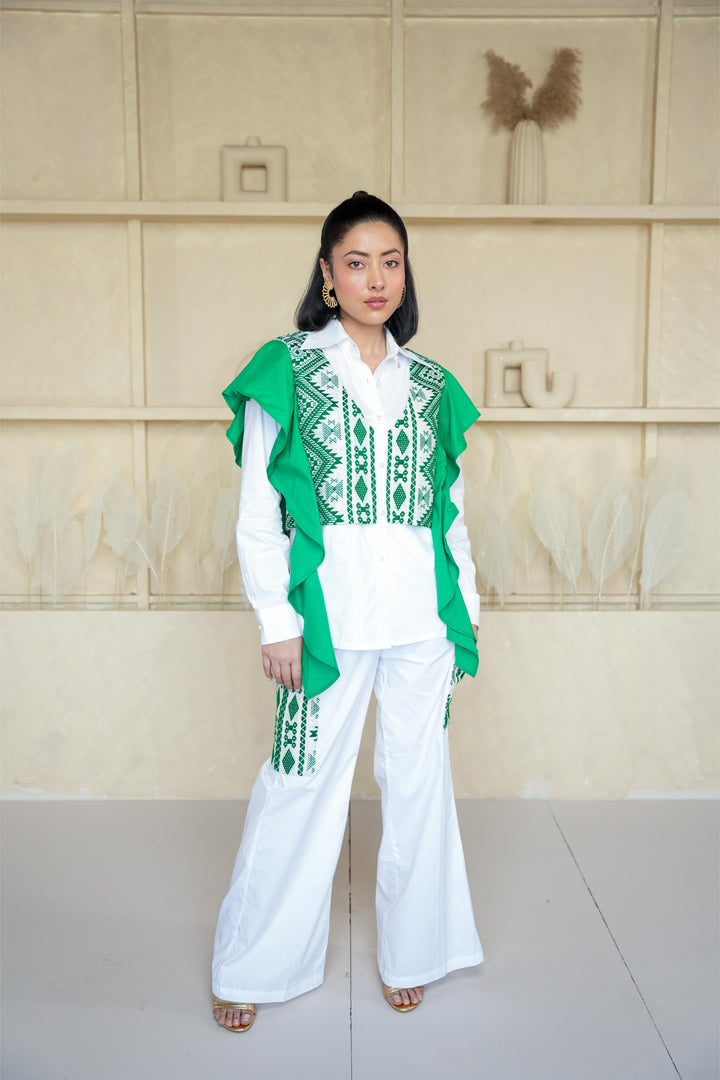 Green Frilled Shirt Jacket Coord Set